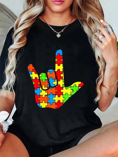 100% Cotton ASL Love Sign Language Autismc Gift Awareness Support T-Shirt Women's Vintage Relaxed Fit Tee Premium Soft Tops Printing Round Neck Fashion Shirts