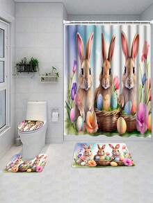 Easter Bunny Cartoon Shower Curtain Set, 1/3/4 Pcs, Waterproof Polyester Bathroom Decor With Hooks, Non-Slip Rug, U-Shaped Mat, Toilet Lid Cover, Lightweight Woven Art Partition, Suitable For All Seasons, Easy To Clean - Easter Home Accessories - A - View 27