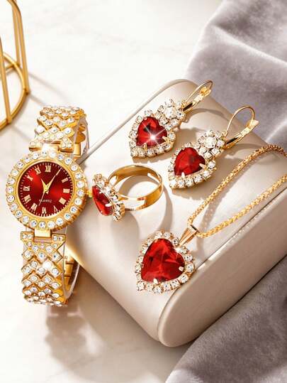 5件套奢华优雅女士石英表套装，经典圆形表盘，搭配吊坠项链、耳环和戒指，适合日常佩戴、正式场合及其他各种场合，是理想的礼品之选，也是珠宝爱好者的精选。