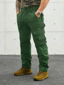 Men's Solid Color Multi-Pocket Cargo Pants With Flap Pocket Design, Heavy Duty Durable Work Trousers, Versatile For Daily Work, Hiking, Mountaineering - 軍綠色 - 查看 5
