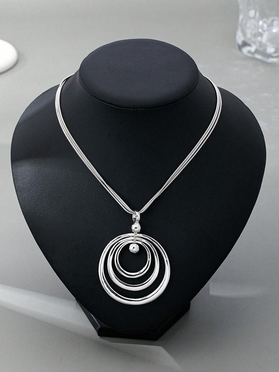 1pc Fashionable Hollow Geometric Circle Combination Pendant Necklace, Elegant Minimalist European Style For Daily Wear - Silver - View 1