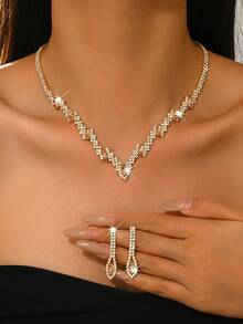 1 套时尚黑钻首饰套装、项链和耳环，适合女士晚会佩戴 - 銀色 - 查看 5