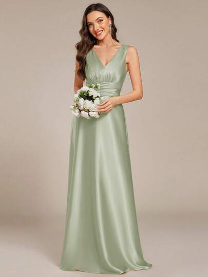 EVERPRETTY Elegant V-Neck Sleeveless Satin Olive Green Long Bridesmaid Dress, Suitable For Weddings, Semi-Formal Parties, Wedding Guests, Cocktail Parties