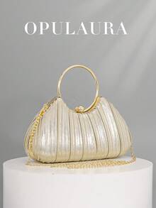 OpulAura 女士金属光泽奢华晚宴手拿包，优雅皮革正式手提包，闪亮晚宴包，适合晚宴、舞会、派对、婚礼、新娘、伴娘、生日礼服等场合 - 金色 - 查看 2