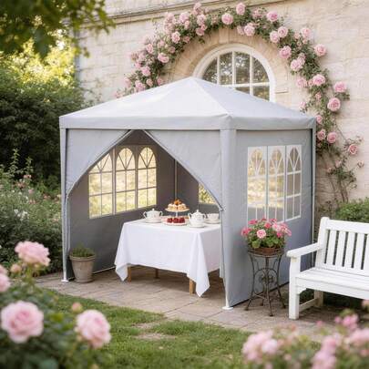 VA-Cerulean Pavilion Party Tent Garden Pavilion 3x3 M 3x6 M 3x9 M Pop-Up Style Quick Assembly Waterproof Marquee With Windows, Roof & 8 Sidewalls, Beer Tent Outdoor Garden Tent For Party, Camping, Market, Grey