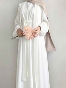 Hafizah 2pcs Set Gaun Wanita Elegan Warna Polos dan Jubah Lengan Lentera, Tidak Termasuk Jilbab - Putih - View 1
