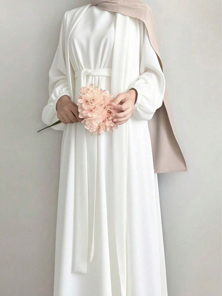 Hafizah 2pcs Set Gaun Wanita Elegan Warna Polos dan Jubah Lengan Lentera, Tidak Termasuk Jilbab - Putih - View 1