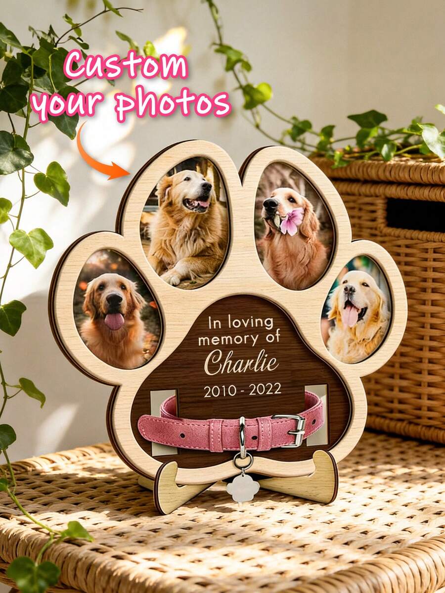 Personalized Custom Wooden Paw Print Pet Memorial Photo Frame, 7.8x7.8in/20x20cm, 4 Photo Slots & Collar Display, Engraved 'In Loving Memory Of' Sympathy Gift For Dog Cat Lovers, Remembrance Decor For Living Room, Bedroom, Memorial Corner, Christmas - Multicolor - View 1