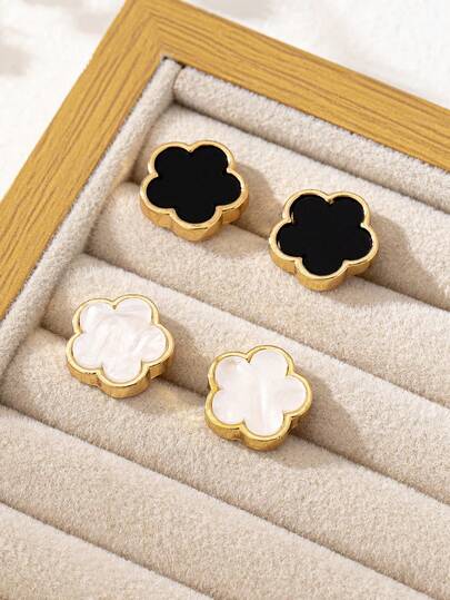 2对优雅黑白金属四叶草和花朵耳钉，女士日常休闲配饰，情人节礼物，时尚珠宝配饰，婚礼季（注意：佩戴前请撕掉保护膜）