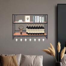 YUNRUX Industrial Wine Racks Wand montiert mit 7  Glashalter, rustikales Metall hängende Weinhalter Wein Zubehör, 3-Ebene Wand Flaschenhalter Glashalter, Holz Regale Wandregal - A - Übersicht 6