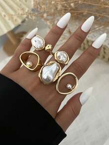 Zestaw pierścionków z perłami w stylu vintage, eleganckim, boho, asymetrycznym, geometrycznym, plisowanym kwiatem, 14/12/9/8/5 szt., idealny na co dzień, na imprezę, randkę, święta, ślub, prezent na festiwal. - Złoto - Zobacz 8