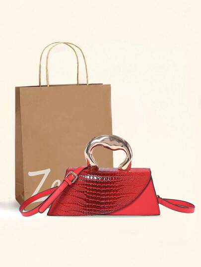 1 件时尚鳄鱼纹翻盖手提包，适合智能手机，时尚复古，酒红色，女士斜挎包和单肩包