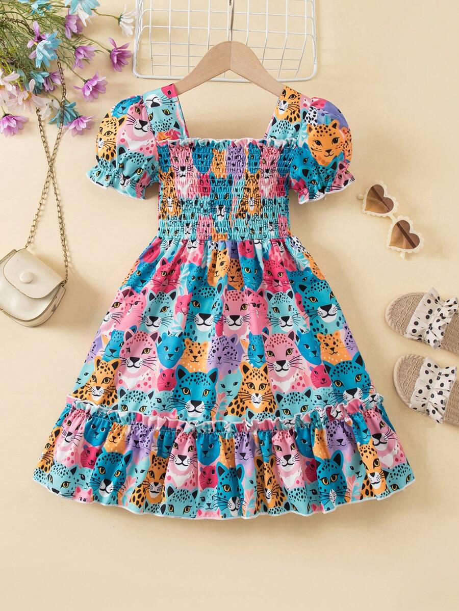 Middle Eastern Style Girls Lovely Digital Print Dress, Summer Short Sleeve Thin Fashion Sundress, Cute Animal Princess Dress, Suitable For Girls Outings, Parties, Gifts, Casual Dress - Multicolor - View 1