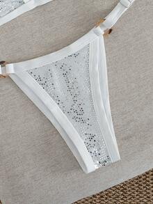 New Women's Swimwear Bikini Set, Sequin Sexy Criss-Cross Back Beach Vacation Swimwear White - White - View 7