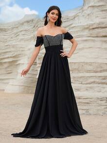 Off Shoulder Sequin Patchwork Formal Dress - Black - View 5