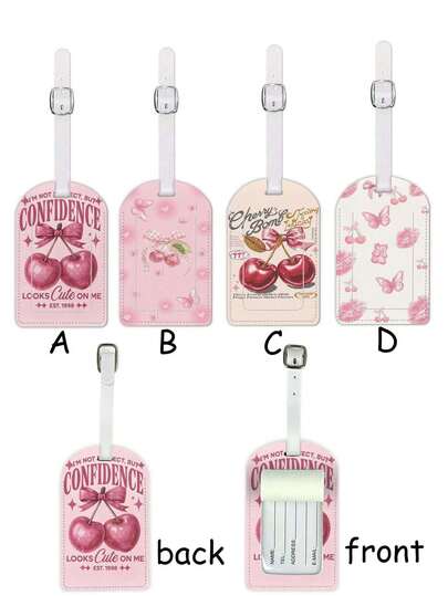 1pc Cherry Letter Graphic Leather Travel Luggage Tag, Waterproof Design, Travel Accessory For Suitcase & Cruise, With Name ID Card To Prevent Loss, Essential For Travel