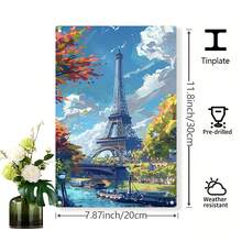 2D Flat, 1pc 2D Flat Printing, Tinplate Painting, Vibrant Cityscape, Metal Plaque, Hang Artworks, Decorative Items, Pre- Drilled, Weather- Resistant Art, Room Decor, Garden Decoration, Outdoor Sign, Wall Hanging Decoration, Plaque Decoratio2D Flat - White - View 9