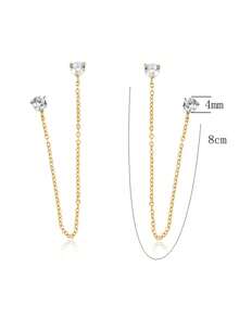 1对S925纯银ins风链条流苏水钻耳钉，个性百搭日常耳环，女士款 - 金色 - 查看 4