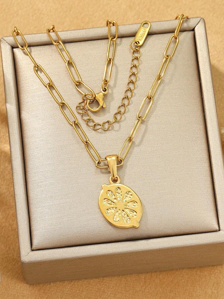 1pc Stainless Steel Fashionable Cute Golden Lemon Shaped Pendant Necklace, Suitable For Women's Daily Wear Or Gift - Yellow Gold - View 1
