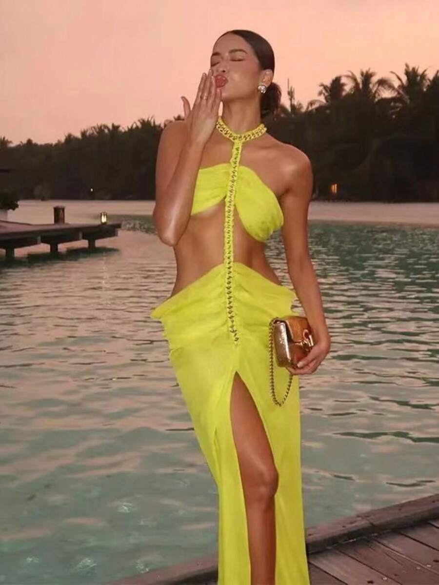 Women Summer Dress Sexy Irregular Halter Dress, Two Low Waisted Slit Dresses Chiffon Long Bikini Dress Off-Shoulder Backless Dress Festival Outfit Elegant Sleeveless Dresses For Women Boho Clothing Formal Gowns For Women Evening Elegant Prom Dresses Emerald Green Formal Dress Wedding Guest Hawaii Vacation Party Outfit - 螢光黃 - 查看 1