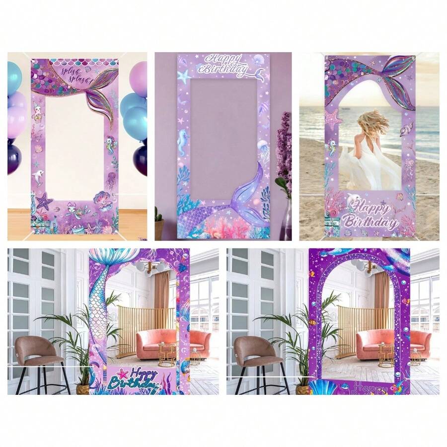 1pc Mermaid Photo Frame Birthday Backdrop, Cartoon Purple Mermaid Tail Ocean Birthday Hollow Banner, Suitable For Birthday Theme Party Decoration, Photography Props - Multicolor - View 1