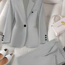 New Women'S Casual Two-Piece Set Featuring A Stylish Business Look With A Solid Color Long-Sleeve Blazer And Matching Trousers - Màu Xám nhạt - Xem 1
