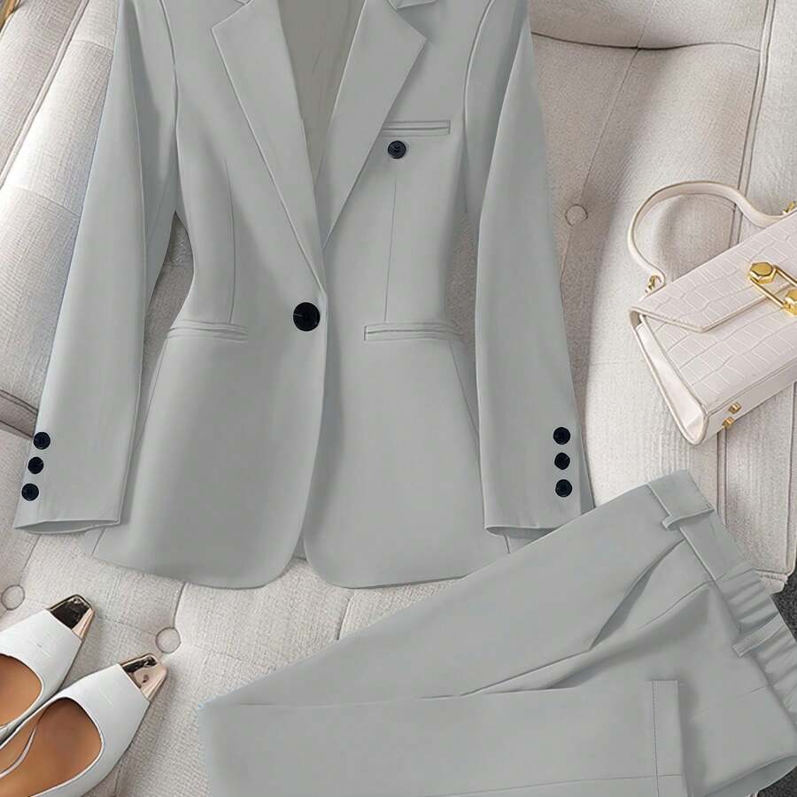 New Women'S Casual Two-Piece Set Featuring A Stylish Business Look With A Solid Color Long-Sleeve Blazer And Matching Trousers - Màu Xám nhạt - Xem 1