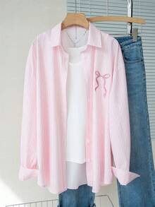 粉白条纹蝴蝶结衬衫，女士新款宽松薄款长袖衬衫，适合秋冬季节，休闲学院风 - 粉色 - 查看 5