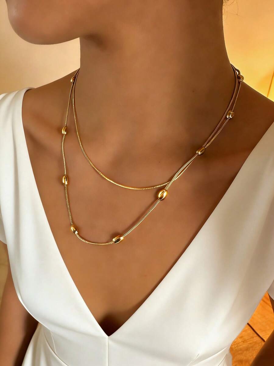 MECYLIFE 1pc Fashion Personalized Double-Layer Necklace, Oval Beads & Gold-Plated Snake Chain Necklace Suitable For Women - Gold - View 1