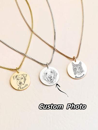 1pc Customized Photo Necklace, Personalized Stainless Steel Round Disc Necklace, Customized Engraved Photo & Letter Necklace, Custom Engraved Pet Photo & Name Necklace, Stainless Steel Box Chain Photo Necklace, Laser Engraved Pet Photo Necklace, Pet Memorial Gift For Friends