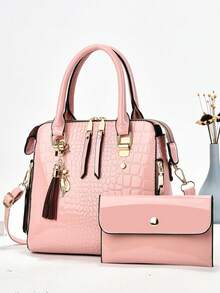 新款时尚女士母女包套装，亮面鳄鱼纹压花皮革，大容量女士手提包 - 紫色 - 查看 7