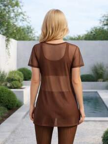 Tulle Gym Blouse With Short Sleeves And Overlay - Sapphire - Rust Brown - View 2