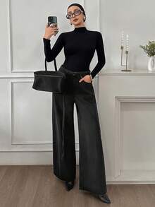 DAZY 女式抽绳腰系带直筒休闲牛仔裤 Old Money 风格商务休闲女装 - 黑色 - 查看 2