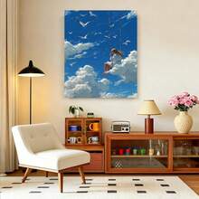 Framed [ Flat] 1pc Whimsical Girl Swinging Among Clouds & Seagulls Canvas Wall Art - Bohemian Style, Wooden Frame, Indoor Decor For Living Room, Bedroom, Office, Dining Room, Bar - Ideal Gift, Indoor Wall Decor|Bohemian Style Art|Wooden Frame Art, Wall Decor - Framed - 查看 2