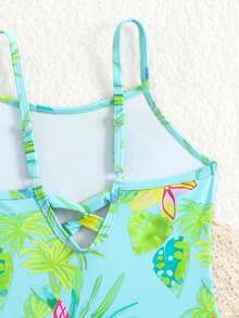 女童绿色植物印花连体泳衣 - 薄荷綠 - 查看 3