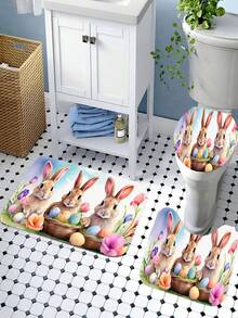 Easter Bunny Cartoon Shower Curtain Set, 1/3/4 Pcs, Waterproof Polyester Bathroom Decor With Hooks, Non-Slip Rug, U-Shaped Mat, Toilet Lid Cover, Lightweight Woven Art Partition, Suitable For All Seasons, Easy To Clean - Easter Home Accessories - A - View 22