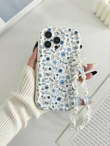 Floral Painted Cream Wavy Edge Glossy Printed Protective Phone Case With Handmade Beaded Bracelet Accessory, Compatible With IPhone, Compatible With Galaxy, Compatible With Redmi,International Version, Not The Domestic Version - Multicolor - View 2