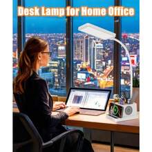 Lámpara LED de Escritorio con 3 Puertos USB, 2 Salidas CA, 3 Modos de Color, 3 Niveles de Brillo, Función Táctil/Memoria/Temporizador, Plegable, para Oficina - cargador inalámbrico/cuello de cisne blanco - Ver 7