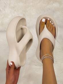 luofu 新款女士时尚坡跟厚底人字拖，户外休闲沙滩凉鞋，女士拖鞋 - 卡其色 - 查看 8