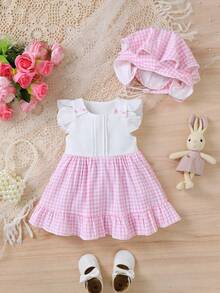 1件女婴可爱时尚休闲荷叶袖纹理面料拼接粉白格子短袖连衣裙，带可拆卸连帽披肩，春夏款 - 粉色 - 查看 1