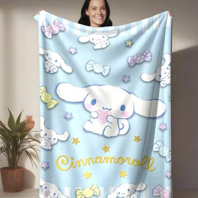 SANRIO 柔软法兰绒毯，以可爱的柯基犬为主题，浅蓝色背景上印有萌萌的柯基犬图案，并饰以星星和蝴蝶结，用途广泛，可用于装饰、送礼、床上用品、沙发、露营、旅行，实用且富有意义。