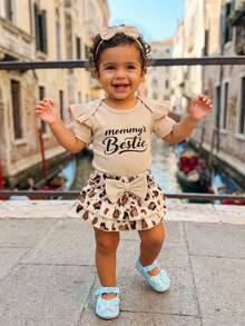 Conjunto de verano para niña pequeña, mono bonito de manga corta con estampado de letras, falda pantalón con estampado de leopardo y diadema, conjunto de 3 piezas, ropa bonita para uso diario, ideal para 0 a 18 meses. - Albaricoque - Ver 4