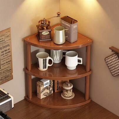 1pc Vintage Wooden 3-Tier Corner Shelf, Multi-Functional Corner Storage Rack With Round Design, High Capacity Desktop Cup/Makeup Organizer, Suitable For Kitchen, Bathroom, Living Room, Bedroom, Great Gift For Family And Friends