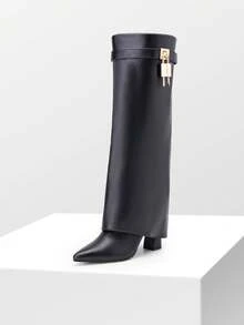 Women's High Heel Knee-High Boots Fold Over Cuff Padlock Pointed Toe Side Zipper Y2K Party Festival Tall Boots - BLACK-PU - View 7