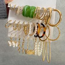 30件套极简金属蛇形、蝴蝶形、几何形及仿珍珠耳环套装（女士款） - 金色 - 查看 1