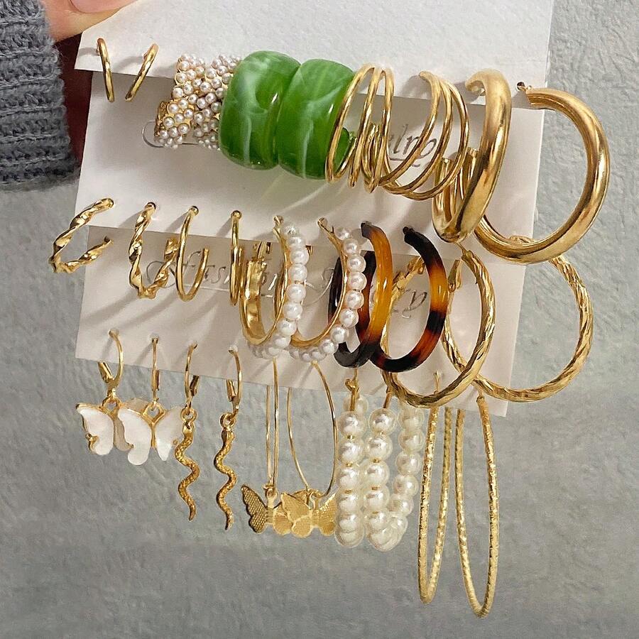 30件套极简金属蛇形、蝴蝶形、几何形及仿珍珠耳环套装（女士款） - 金色 - 查看 1