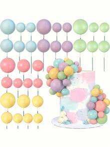 32pcs Colorful Ball Cake Toppers, Suitable For Decorating Birthday Party And Wedding Cupcakes And Cakes, Includes Pink, Yellow, Blue, Purple And Green Pearl-Like Spheres - Multicolor - View 1
