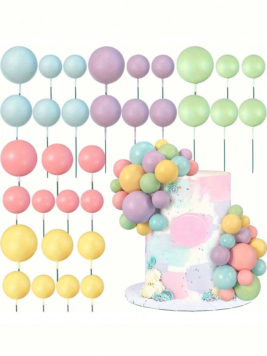 32pcs Colorful Ball Cake Toppers, Suitable For Decorating Birthday Party And Wedding Cupcakes And Cakes, Includes Pink, Yellow, Blue, Purple And Green Pearl-Like Spheres - Multicolor - View 1