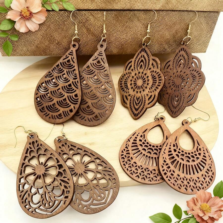 4pairs/Set Wooden Vintage Chic Earrings - Brown - View 1