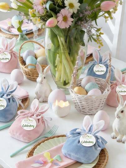 Bolsa con cordón con decoración de orejas de conejo en color rosa/azul, bolsa de regalo de Pascua con tarjeta de agradecimiento, bolsa de embalaje de regalo de Pascua, bolsa para dulces y aperitivos, bolsa de regalo para fiesta temática, adecuada para decoración de regalos de Pascua, regalos de fiesta de primavera, bolsa para dulces y aperitivos, bolsa para joyas, actividades de búsqueda de huevos y suministros de cumpleaños